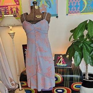 Vintage 1990's BCBG Periwinkle & Coral Midi Slip Dress Sz M Strappy Kick Ruffle